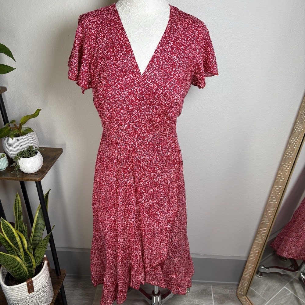 NWT ZESICA Womens S Red Wrap Dress Cottagecore Boho Polka Dot Flutter Sleeve